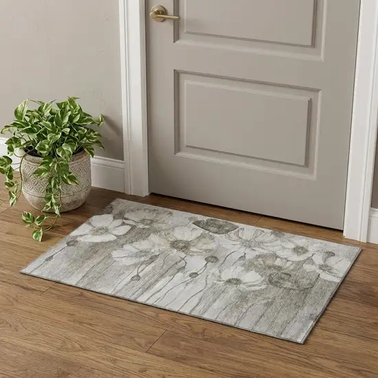 Taupe And Ivory Floral Washable Area Rug With UV Protection Photo 1