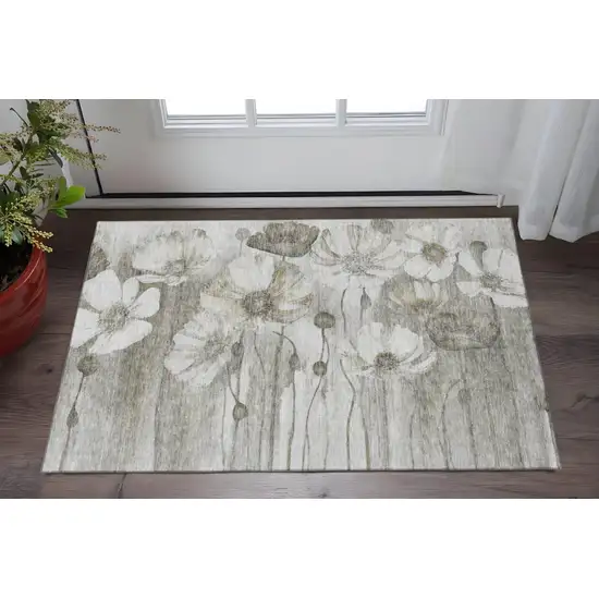 Taupe And Ivory Floral Washable Area Rug With UV Protection Photo 2