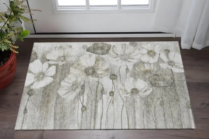 Taupe And Ivory Floral Washable Area Rug With UV Protection Photo 2