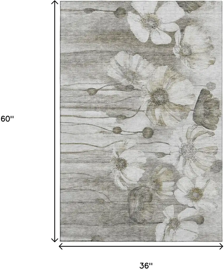 Taupe And Ivory Floral Washable Area Rug With UV Protection Photo 7