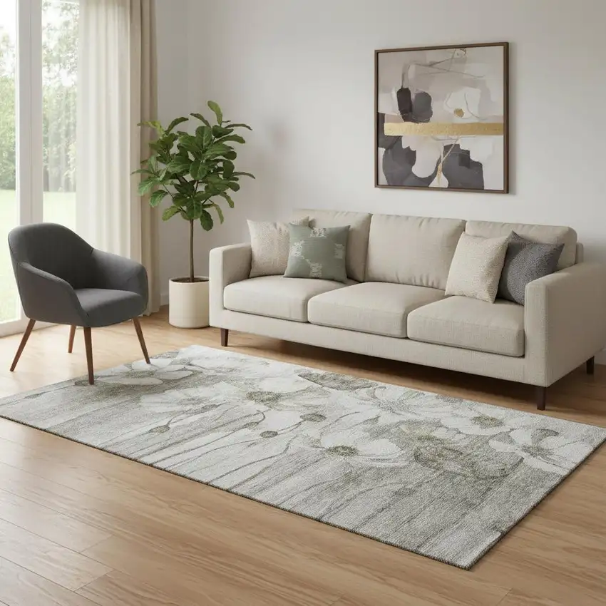 Taupe And Ivory Floral Washable Area Rug With UV Protection Photo 1