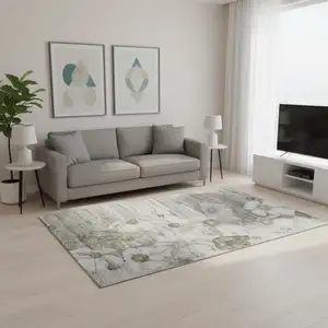 Photo of Taupe And Ivory Floral Washable Area Rug With UV Protection