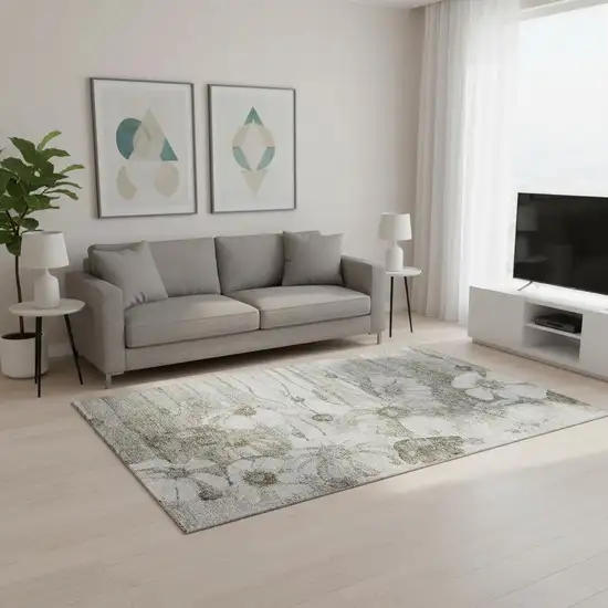 Taupe And Ivory Floral Washable Area Rug With UV Protection Photo 1
