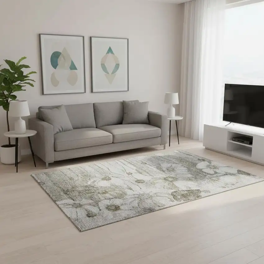 Taupe And Ivory Floral Washable Area Rug With UV Protection Photo 1