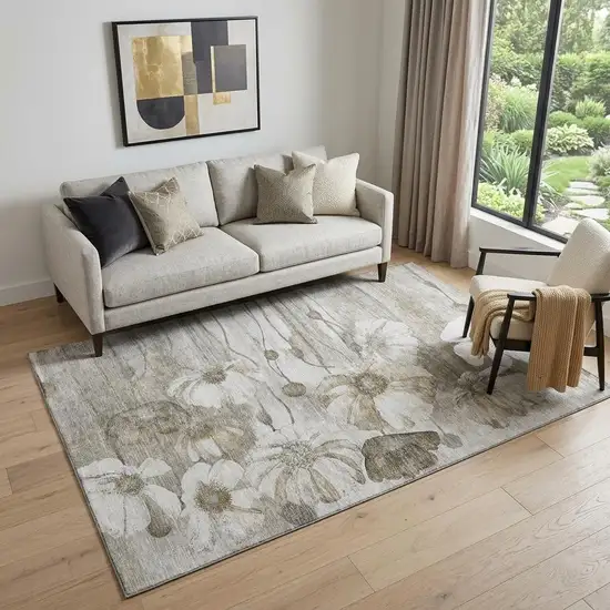 Taupe And Ivory Floral Washable Area Rug With UV Protection Photo 1