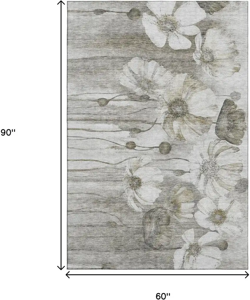 Taupe And Ivory Floral Washable Area Rug With UV Protection Photo 3