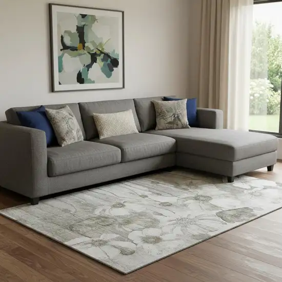 Taupe And Ivory Floral Washable Area Rug With UV Protection Photo 1