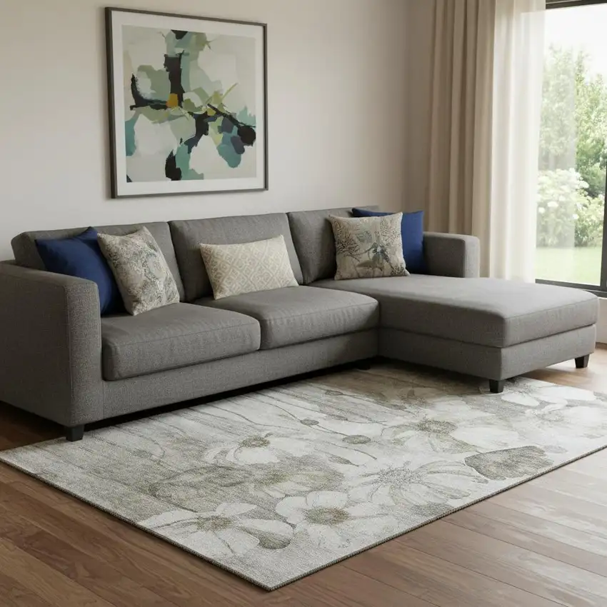 Taupe And Ivory Floral Washable Area Rug With UV Protection Photo 1