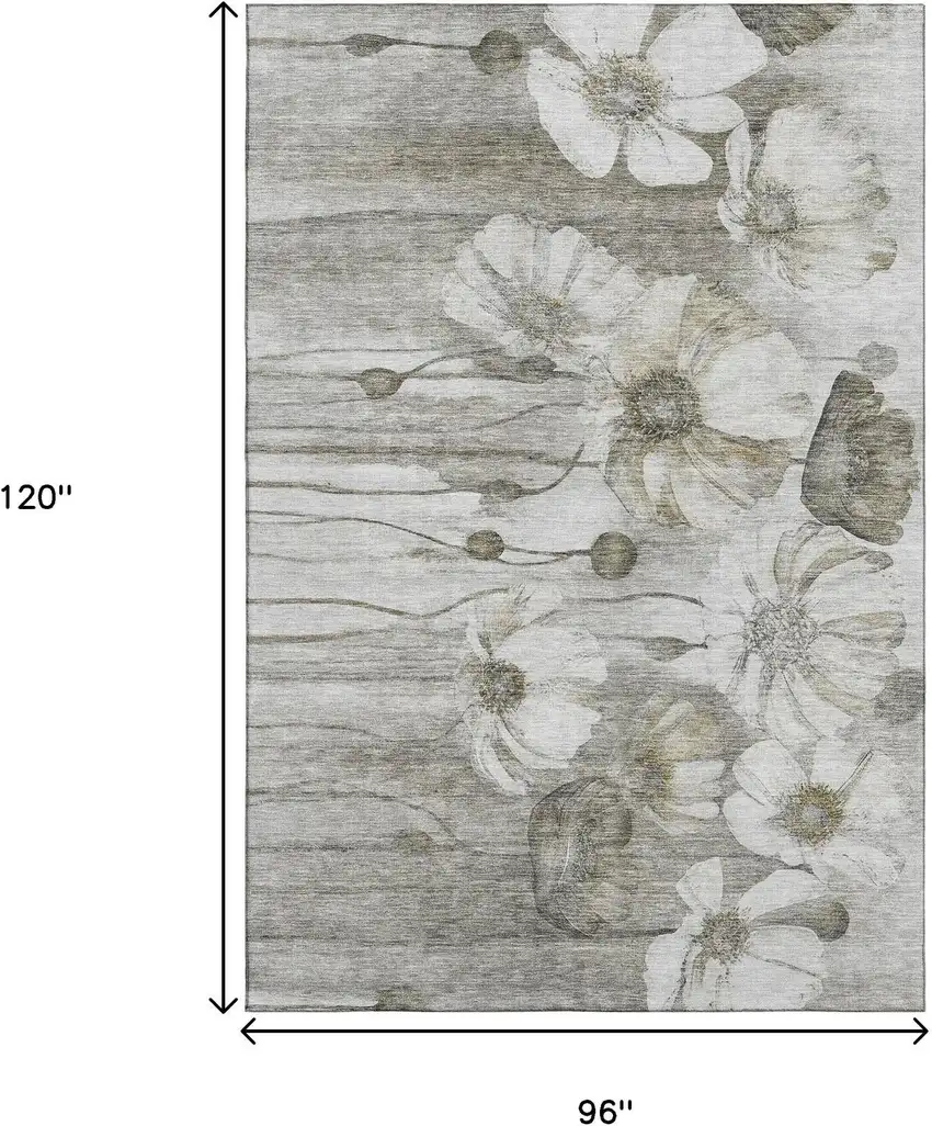 Taupe And Ivory Floral Washable Area Rug With UV Protection Photo 3
