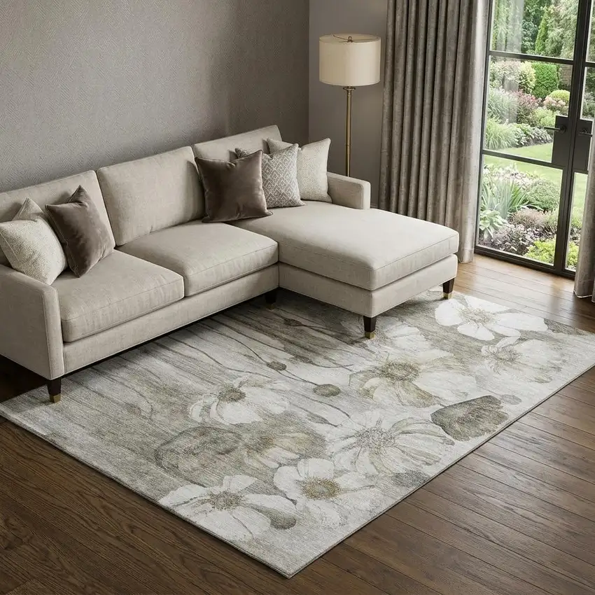 Taupe And Ivory Floral Washable Area Rug With UV Protection Photo 1