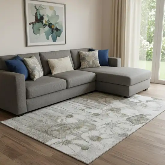 Taupe And Ivory Floral Washable Area Rug With UV Protection Photo 1