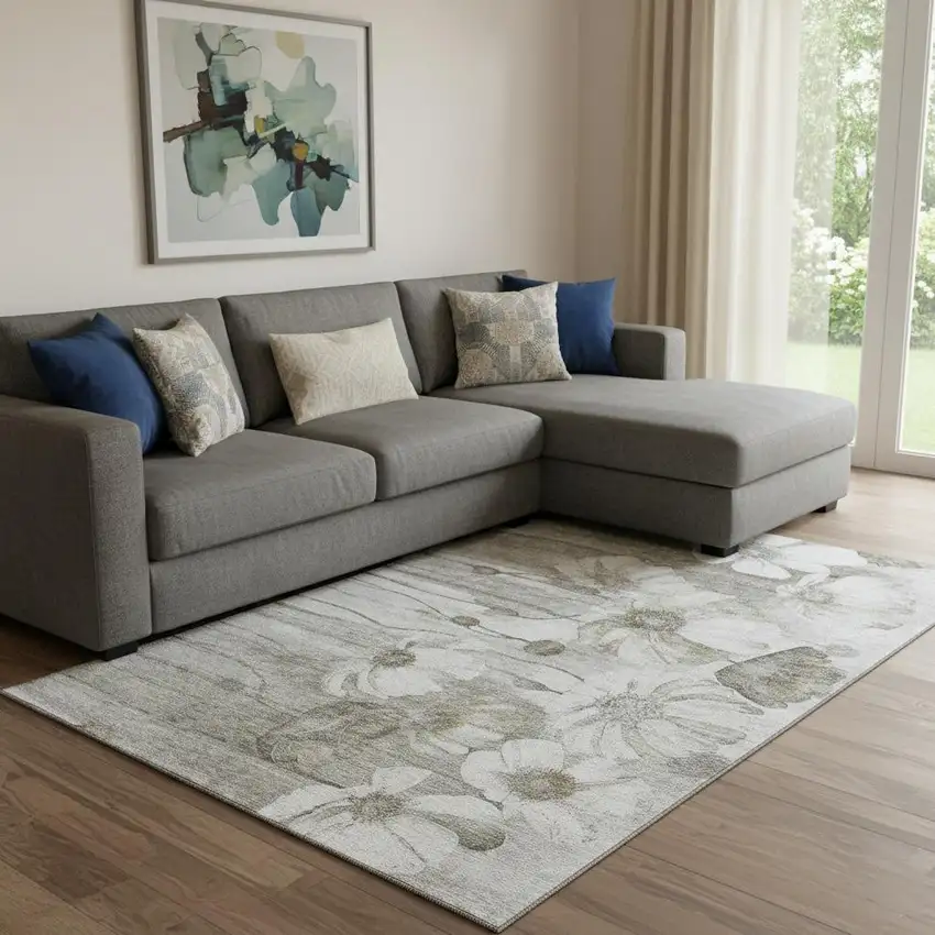 Taupe And Ivory Floral Washable Area Rug With UV Protection Photo 1