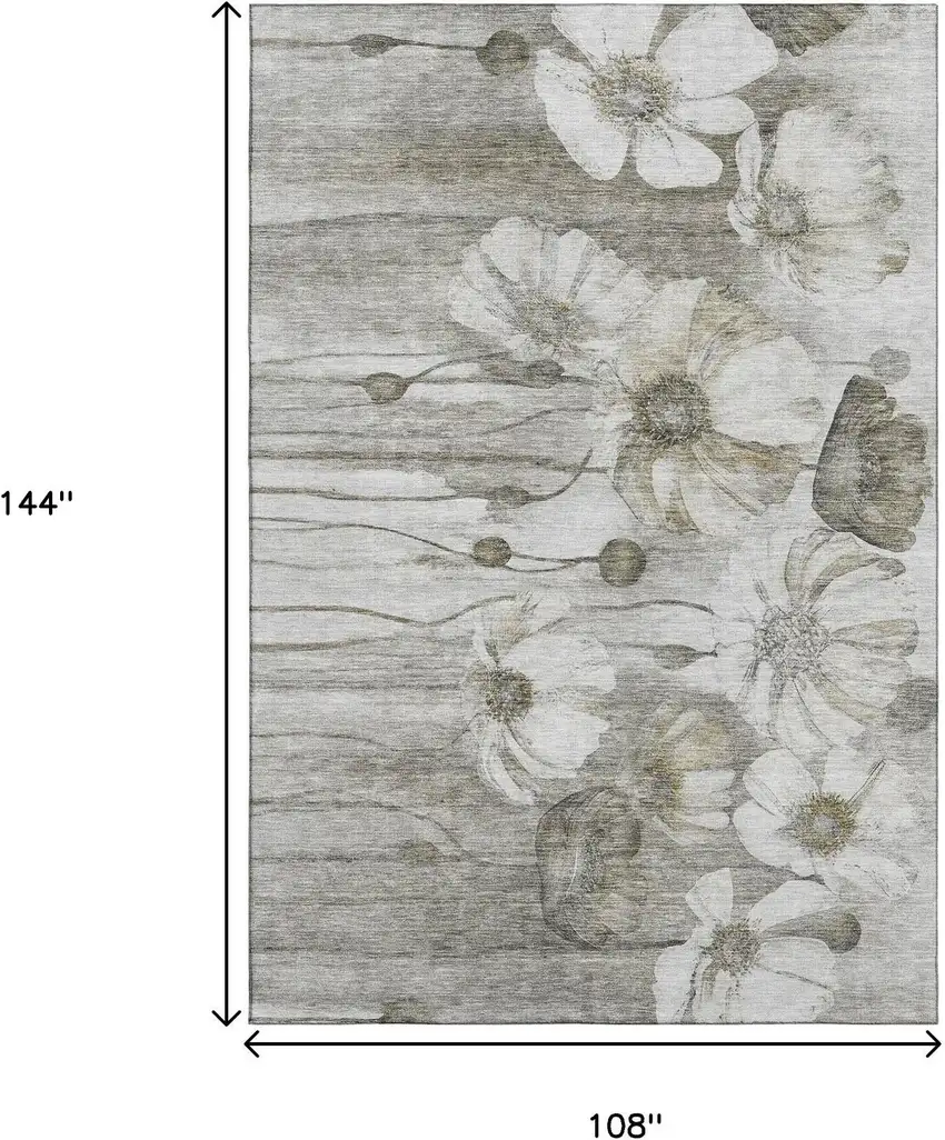 Taupe And Ivory Floral Washable Area Rug With UV Protection Photo 3