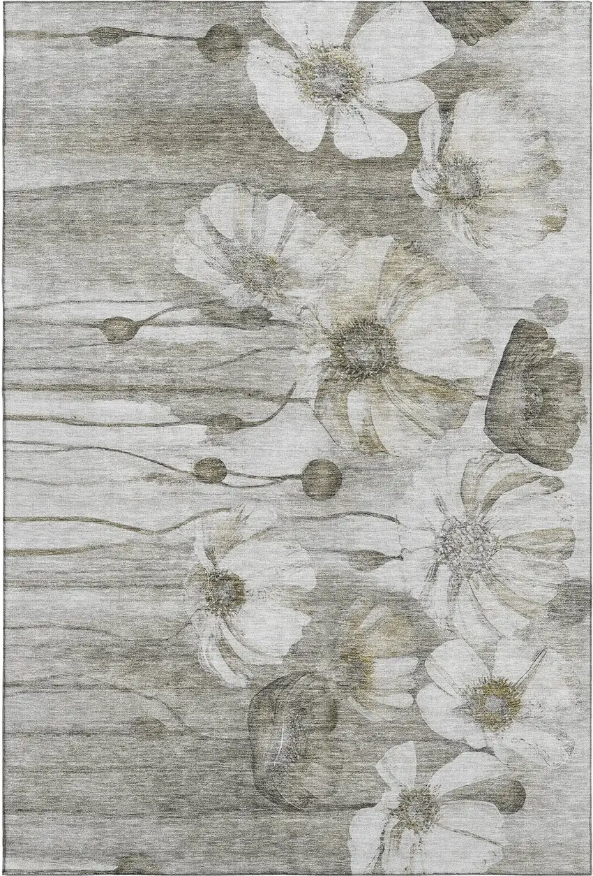 Taupe And Ivory Floral Washable Area Rug With UV Protection Photo 2