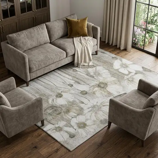 Taupe And Ivory Floral Washable Area Rug With UV Protection Photo 1