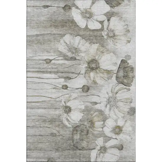 Taupe And Ivory Floral Washable Area Rug With UV Protection Photo 2