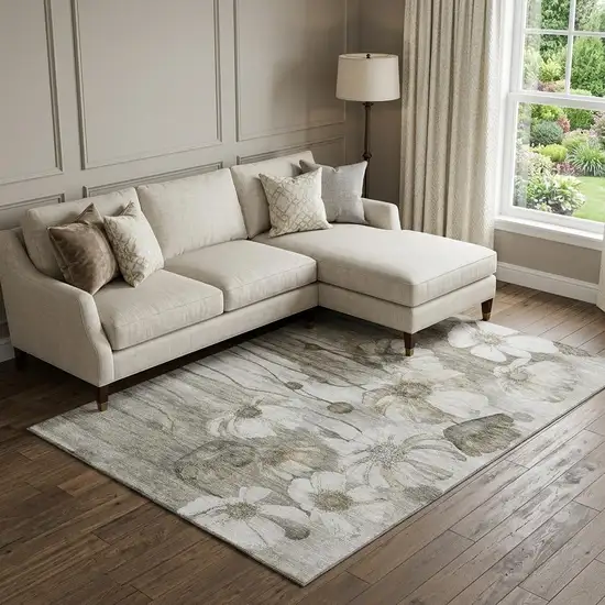 Taupe And Ivory Floral Washable Area Rug With UV Protection Photo 1