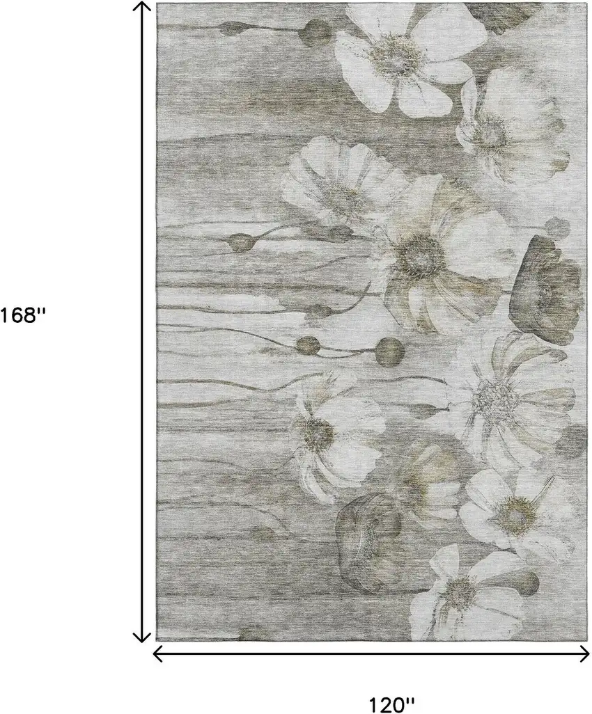 Taupe And Ivory Floral Washable Area Rug With UV Protection Photo 3