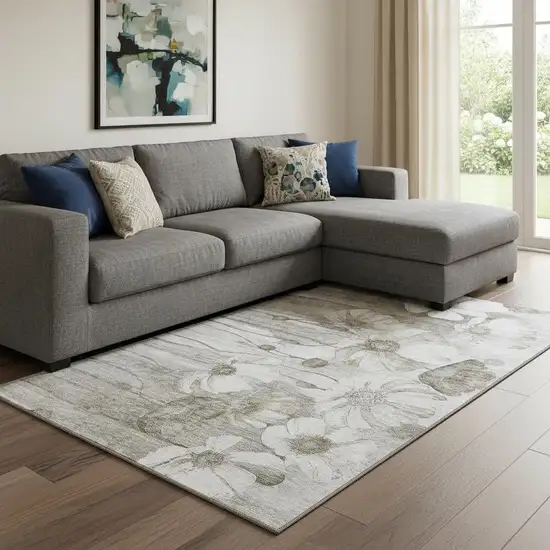 Taupe And Ivory Floral Washable Area Rug With UV Protection Photo 1