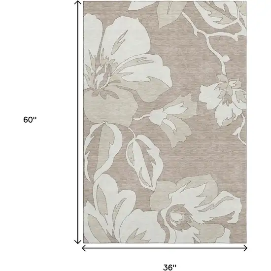 Taupe And Ivory Floral Washable Area Rug With UV Protection Photo 3