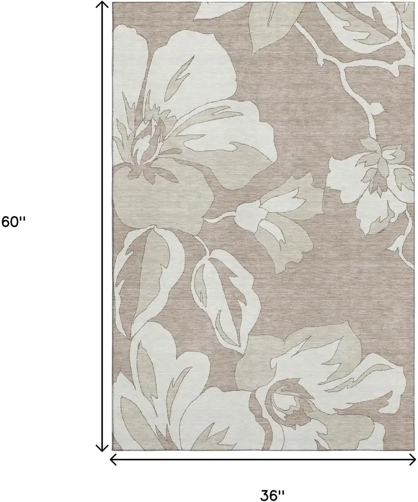 Taupe And Ivory Floral Washable Area Rug With UV Protection Photo 3