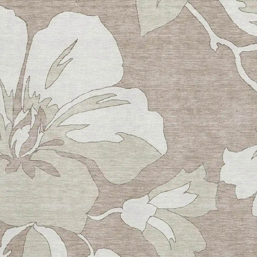 Taupe And Ivory Floral Washable Area Rug With UV Protection Photo 3