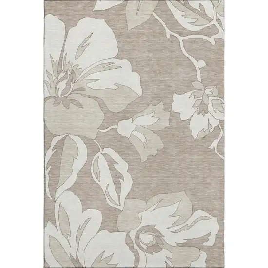 Taupe And Ivory Floral Washable Area Rug With UV Protection Photo 1