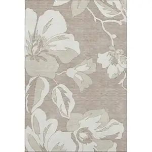 Photo of Taupe And Ivory Floral Washable Area Rug With UV Protection