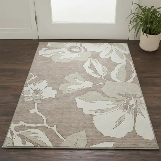 Taupe And Ivory Floral Washable Area Rug With UV Protection Photo 2