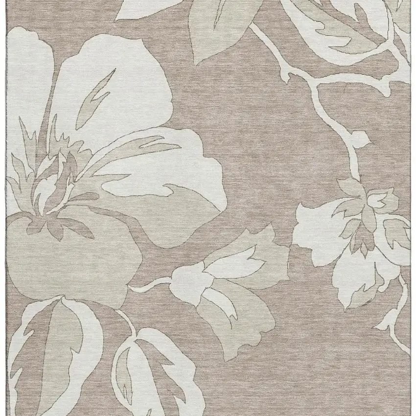 Taupe And Ivory Floral Washable Area Rug With UV Protection Photo 4