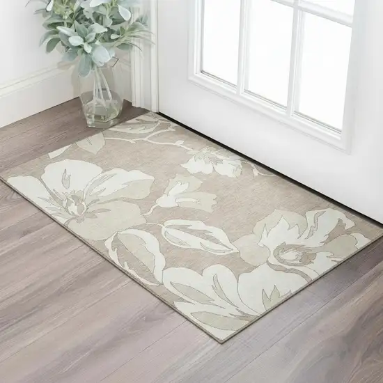 Taupe And Ivory Floral Washable Area Rug With UV Protection Photo 1
