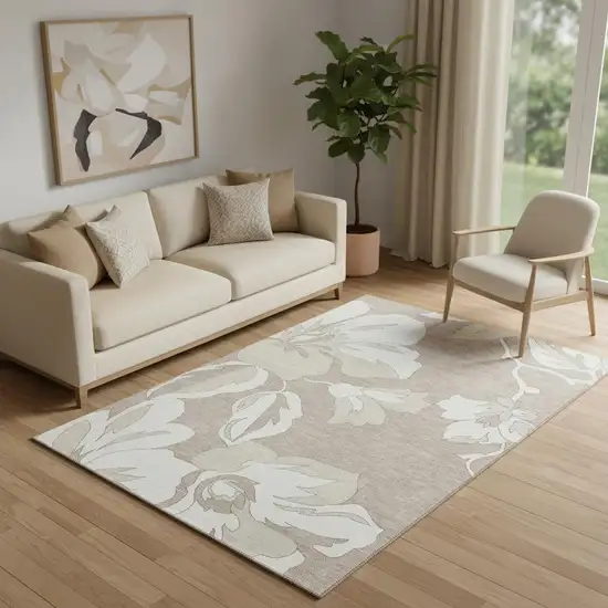 Taupe And Ivory Floral Washable Area Rug With UV Protection Photo 1