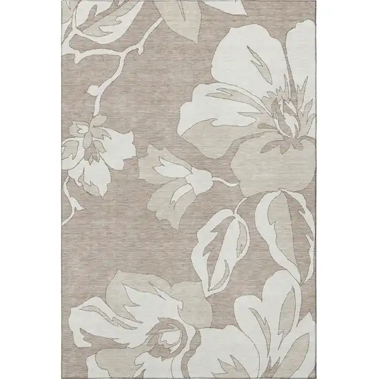 Taupe And Ivory Floral Washable Area Rug With UV Protection Photo 4