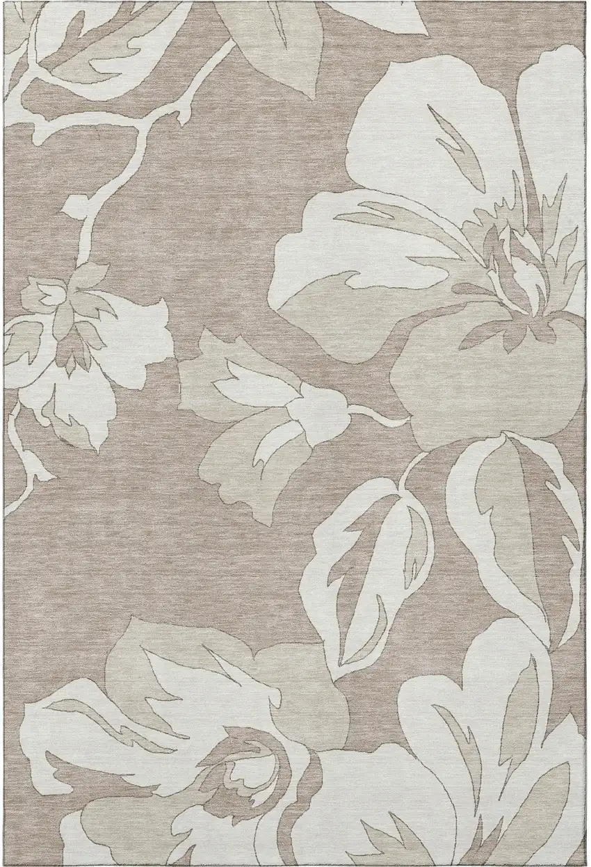 Taupe And Ivory Floral Washable Area Rug With UV Protection Photo 4