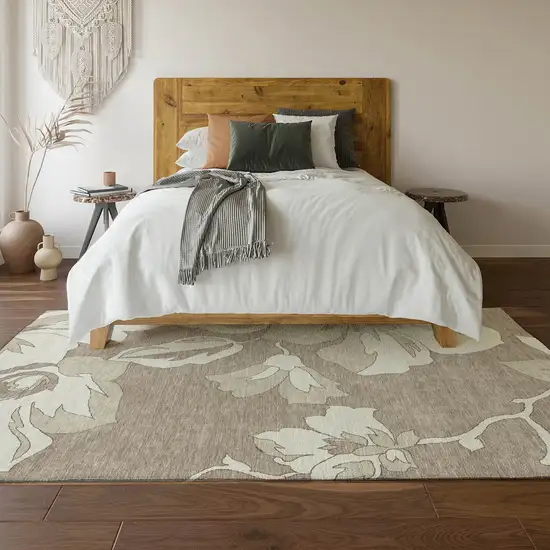 Taupe And Ivory Floral Washable Area Rug With UV Protection Photo 6