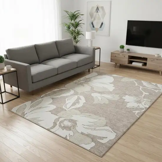 Taupe And Ivory Floral Washable Area Rug With UV Protection Photo 2