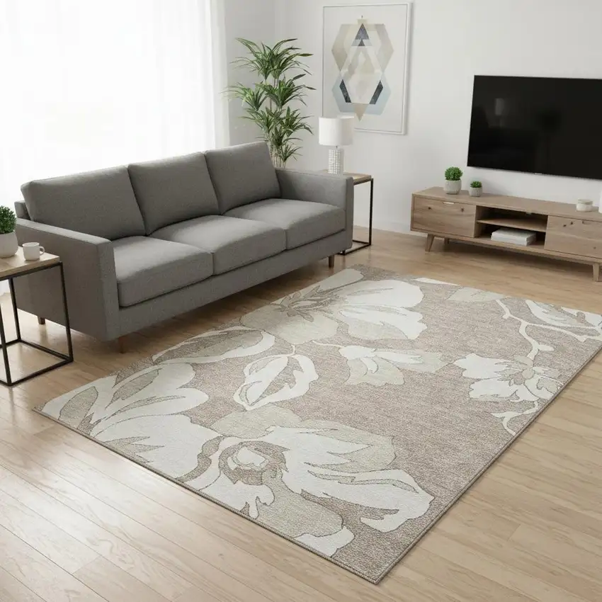 Taupe And Ivory Floral Washable Area Rug With UV Protection Photo 2