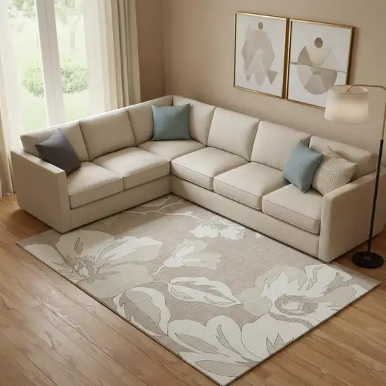 Taupe And Ivory Floral Washable Area Rug With UV Protection Photo 1