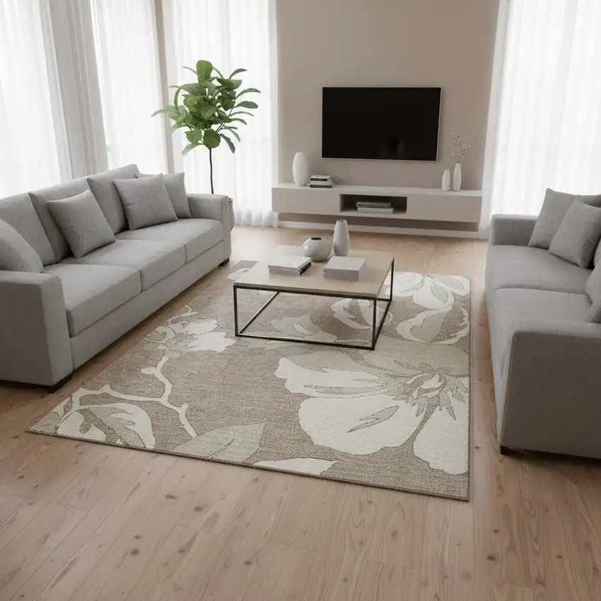 Taupe And Ivory Floral Washable Area Rug With UV Protection Photo 2