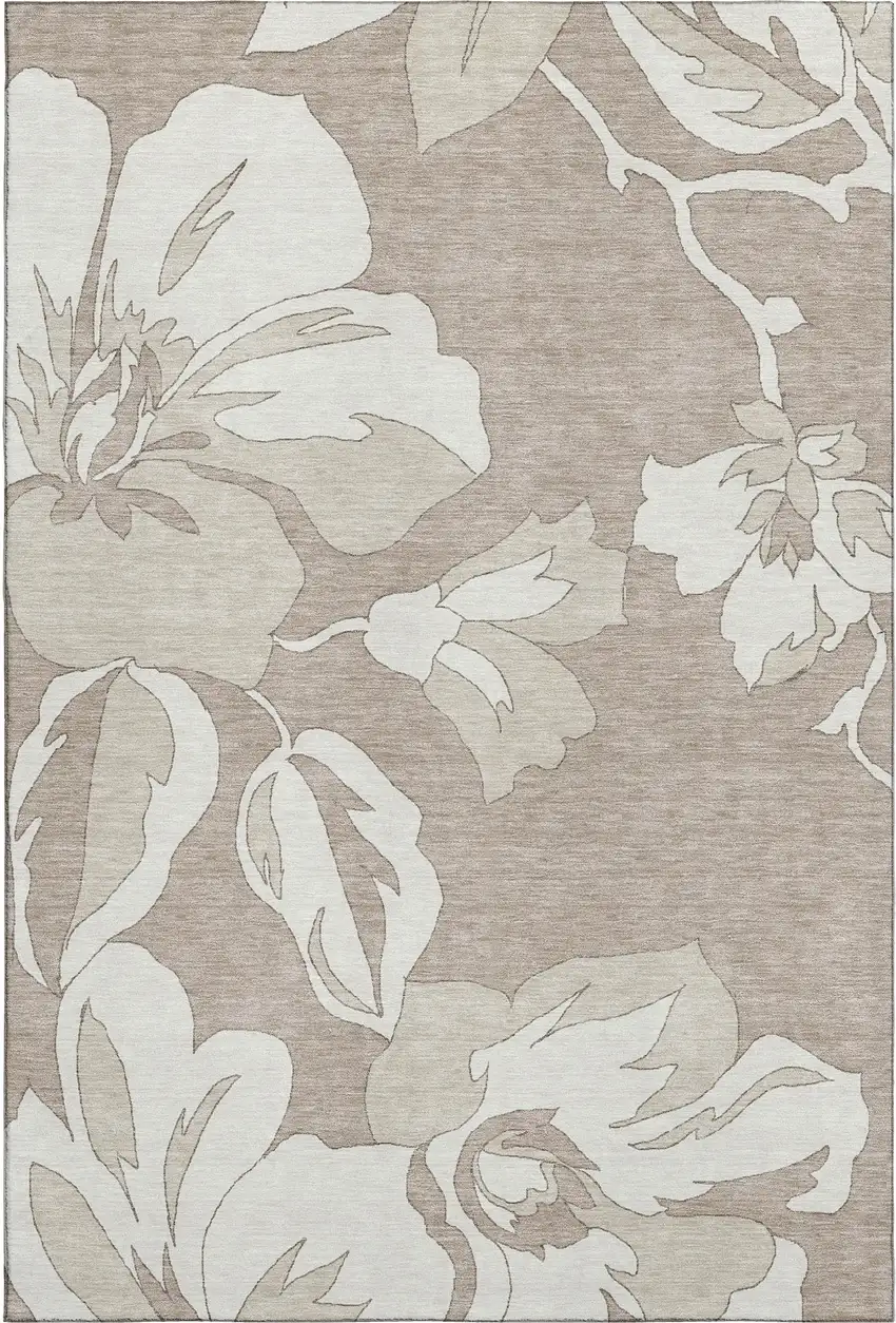 Taupe And Ivory Floral Washable Area Rug With UV Protection Photo 1