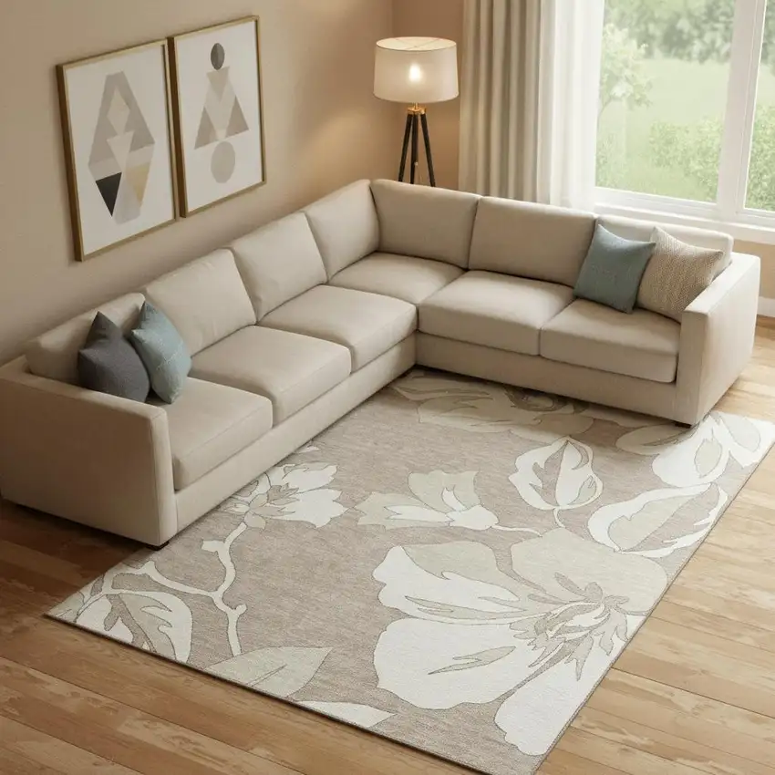 Taupe And Ivory Floral Washable Area Rug With UV Protection Photo 1