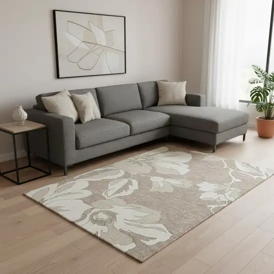Taupe And Ivory Floral Washable Area Rug With UV Protection Photo 2