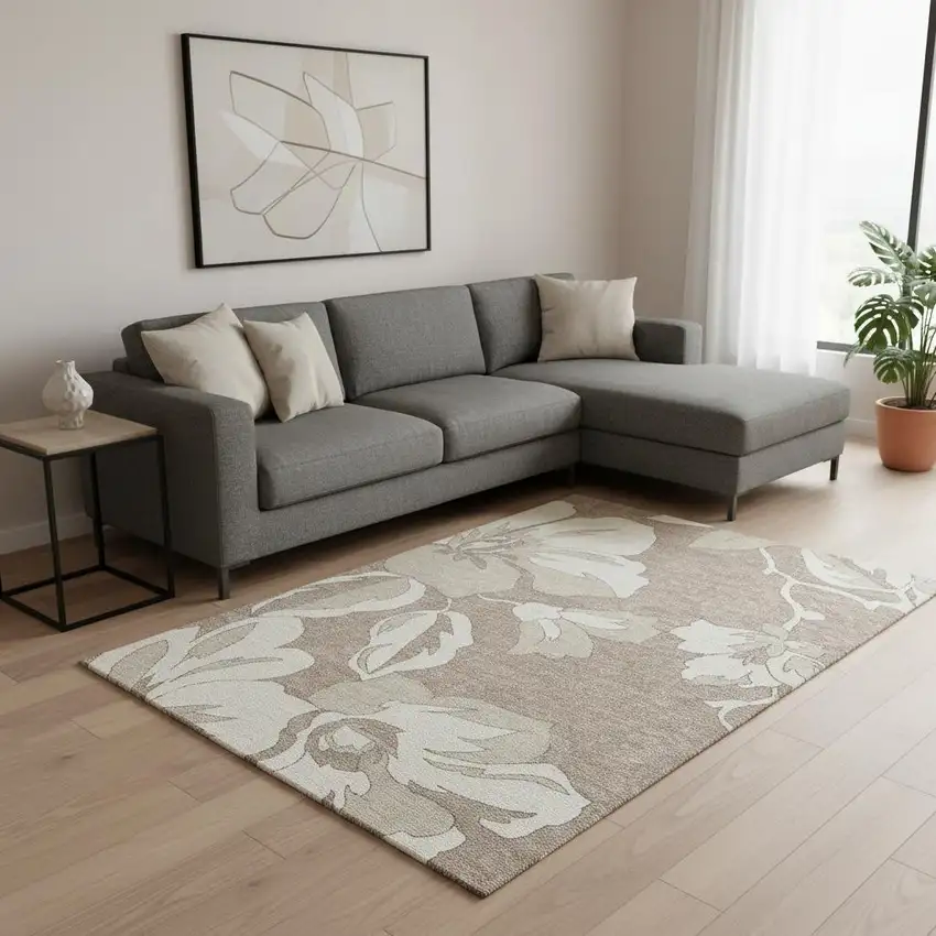 Taupe And Ivory Floral Washable Area Rug With UV Protection Photo 2