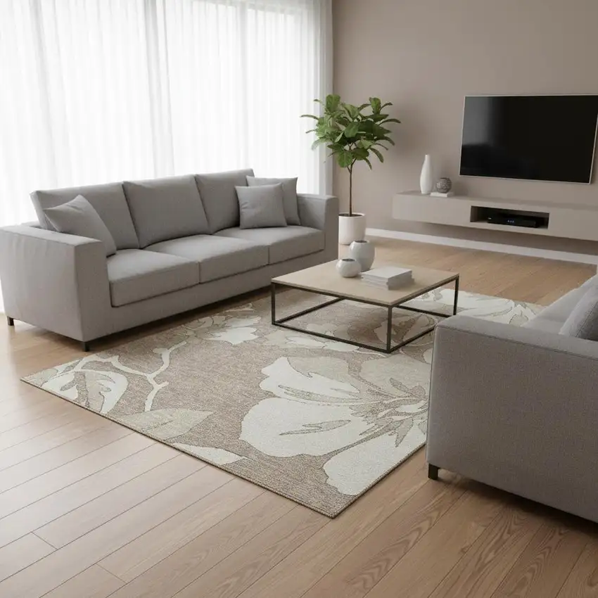 Taupe And Ivory Floral Washable Area Rug With UV Protection Photo 2