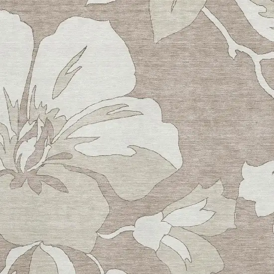 Taupe And Ivory Floral Washable Area Rug With UV Protection Photo 3