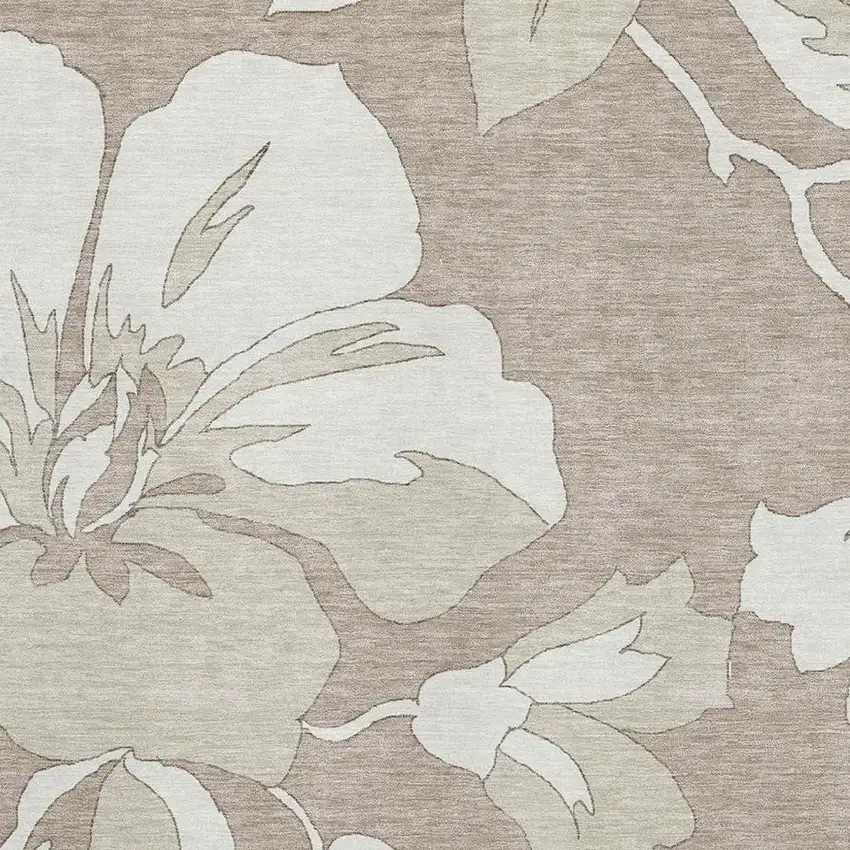 Taupe And Ivory Floral Washable Area Rug With UV Protection Photo 3