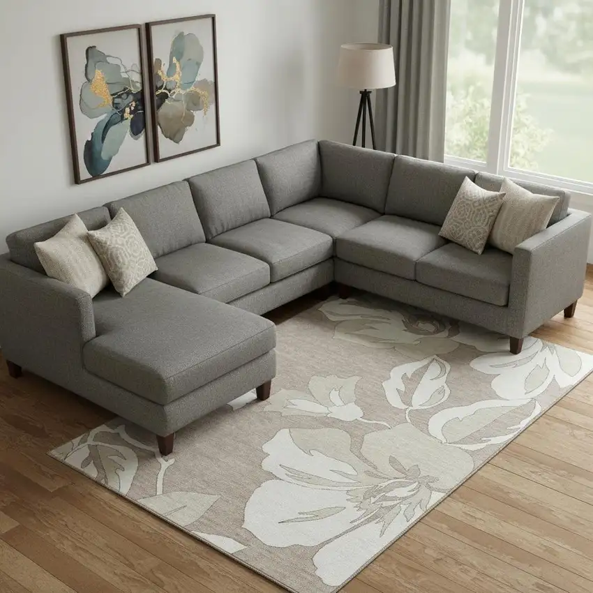 Taupe And Ivory Floral Washable Area Rug With UV Protection Photo 1