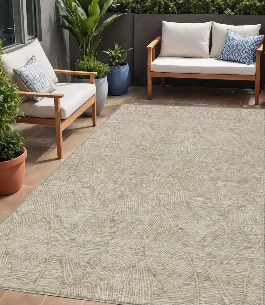 Taupe And Ivory Floral Washable Indoor Outdoor Area Rug Photo 1