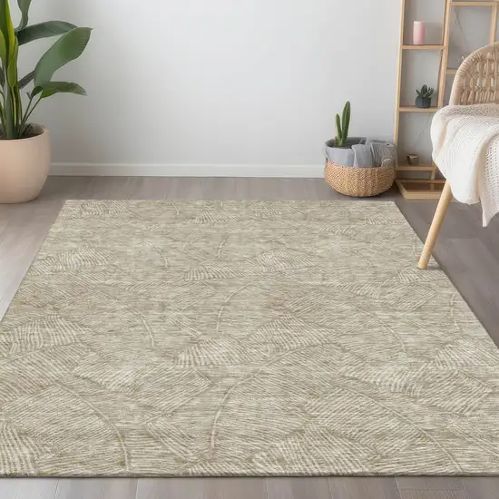 Taupe And Ivory Floral Washable Indoor Outdoor Area Rug Photo 9