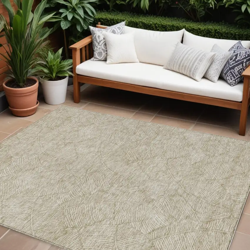 Taupe And Ivory Floral Washable Indoor Outdoor Area Rug Photo 1